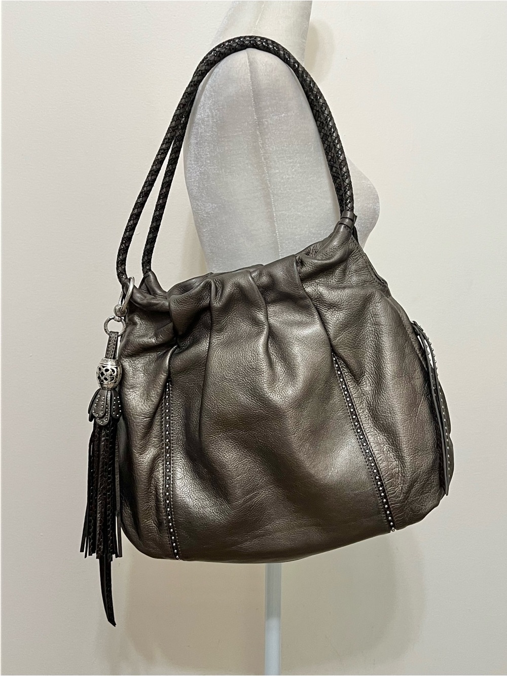 Brighton Femme Fatal Greta Garbo Smoky Pewter Leather Satchel Tote Boho Mobwife
